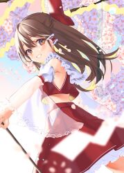 Rule 34 | 1girl, absurdres, bare shoulders, bow, brown hair, cherry blossoms, cowboy shot, detached sleeves, dutch angle, frilled hair tubes, frills, gohei, grin, hair between eyes, hair bow, hair tubes, hakurei reimu, highres, holding, holding stick, iridescent, long hair, looking at viewer, midriff, mokokiyo (asaddr), multicolored eyes, outdoors, petticoat, red skirt, red vest, see-through, skirt, skirt set, smile, solo, stick, touhou, vest