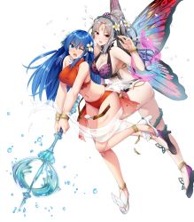 Rule 34 | 2girls, ass, bare shoulders, bikini, blue eyes, blue hair, breasts, caeda (fire emblem), caeda (summer) (fire emblem), cleavage, fairy wings, feet, female focus, fire emblem, fire emblem: mystery of the emblem, fire emblem heroes, full body, hair ornament, high heel sandals, high heels, highres, long hair, matching hair/eyes, medium breasts, midriff, multiple girls, navel, nintendo, official art, one-piece swimsuit, one eye closed, plumeria (fire emblem), pointy ears, ryouma (galley), sandals, swimsuit, thigh strap, toes, torn clothes, transparent background, white footwear, wince, wings