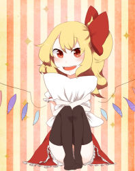 Rule 34 | 1girl, black thighhighs, blonde hair, bloomers, bow, fang, female focus, flandre scarlet, hair bow, monako (uma speech), hugging object, open mouth, pillow, pillow hug, red eyes, side ponytail, sitting, smile, solo, sparkle, striped, striped background, thighhighs, touhou, underwear, vertical stripes, wings