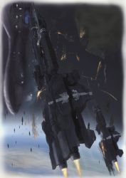 Rule 34 | absurdres, explosion, flying, halo (game), halo (series), highres, insignia, military, no humans, opo, paris-class heavy frigate, science fiction, solo focus, space, spacecraft, thrusters, vehicle focus