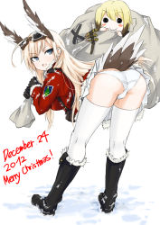 Rule 34 | 2girls, ammunition, ass, bad id, bad pixiv id, black gloves, blonde hair, blue eyes, blush, blush stickers, boots, brown hair, christmas, coat, dakku (ogitsune), erica hartmann, fur coat, gloves, goggles, goggles on head, hanna-justina marseille, head wings, long hair, merry christmas, multiple girls, open mouth, panties, sack, skirt, strike witches, tail, thighhighs, underwear, white legwear, white panties, wings, witches of africa, world witches series