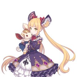 Rule 34 | animal, blonde hair, dress, european clothes, green eyes, highres, holding, holding animal, long hair, looking at viewer, luna (shadowverse), official art, pet, princess connect!, shadowverse, tachi-e, transparent background, twintails