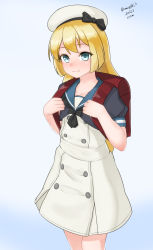 Rule 34 | 1girl, backpack, bag, blonde hair, blue background, blue eyes, blue sailor collar, cowboy shot, dated, dress, gloves, gradient background, hat, highres, jervis (kancolle), kantai collection, long hair, looking at viewer, maru (marg0613), one-hour drawing challenge, randoseru, sailor collar, sailor dress, sailor hat, solo, twitter username, white dress, white gloves, white hat