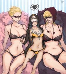 Rule 34 | 3girls, breast envy, breasts, cleavage, donquixote doflamingo, donquixote rocinante, genderswap, genderswap (mtf), height conscious, large breasts, multiple girls, one piece, striped, striped background, trafalgar law