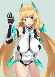 Rule 34 | 1girl, angela balzac, arm up, blonde hair, blue eyes, breasts, commentary request, covered navel, deva battle suit, elbow gloves, gloves, grey background, halterneck, headgear, highres, hip focus, hotate-chan, impossible clothes, impossible leotard, large breasts, legs, leotard, long hair, looking at viewer, low twintails, neon trim, open mouth, rakuen tsuihou, simple background, solo, standing, thighs, twintails, very long hair, white leotard