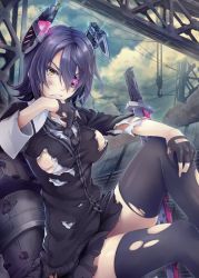 Rule 34 | 10s, 1girl, black gloves, black thighhighs, breasts, bruise, buttons, cardigan, clenched teeth, cloud, colored eyelashes, crane (machine), electricity, eyepatch, female focus, fingerless gloves, from side, gloves, glowing, hair between eyes, headgear, highres, injury, jpeg artifacts, kantai collection, knee up, large breasts, looking at viewer, machinery, miniskirt, necktie, no bra, outdoors, planted, planted sword, planted weapon, pleated skirt, pokimari, purple hair, ruins, school uniform, shirt, short hair, sideboob, sitting, skirt, sky, sleeve cuffs, solo, sword, tears, teeth, tenryuu (kancolle), thighhighs, torn clothes, torn gloves, torn shirt, torn skirt, torn thighhighs, weapon, yellow eyes