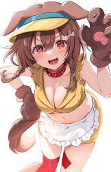 Rule 34 | 1girl, :d, animal ears, animal hands, apron, blush, bone-shaped pupils, bone hair ornament, braid, breasts, brown hair, cleavage, collar, crop top, dog ears, dog girl, dog tail, doggy god&#039;s street, frilled apron, frills, gloves, hair ornament, highres, hololive, inugami korone, large breasts, midriff, open mouth, paw gloves, red eyes, satoupote, smile, solo, spiked collar, spikes, symbol-shaped pupils, tail, twin braids, virtual youtuber, visor cap, waist apron