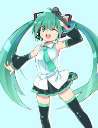 Rule 34 | 1girl, ;d, ahoge, ajitarou (setsu), bare shoulders, black skirt, black sleeves, black thighhighs, blush, commentary request, detached sleeves, green eyes, green hair, green necktie, hair ornament, hatsune miku, headphones, headset, highres, holding, holding microphone, blue background, long hair, looking at viewer, microphone, necktie, one eye closed, open mouth, pleated skirt, shirt, simple background, skirt, sleeveless, sleeveless shirt, smile, solo, teeth, thighhighs, twintails, upper teeth only, very long hair, vocaloid, white shirt, zettai ryouiki