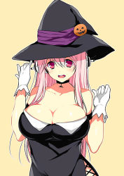 Rule 34 | 1girl, blush, breasts, cleavage, halloween, halloween costume, hat, headphones, large breasts, long hair, looking at viewer, nitroplus, pink eyes, pink hair, roxq, smile, solo, super sonico, witch hat