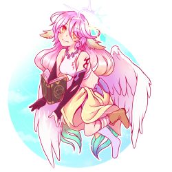 Rule 34 | 1girl, absurdres, angel wings, artist request, asymmetrical legwear, breasts, bridal gauntlets, closed mouth, commentary, spiked halo, crop top, cross, english commentary, feathered wings, gradient hair, halo, highres, jibril (no game no life), large breasts, long hair, looking at viewer, low wings, magic circle, midriff, mismatched legwear, multicolored eyes, multicolored hair, navel, no game no life, orange eyes, pink hair, shoes, single shoe, smile, solo, symbol-shaped pupils, tattoo, transparent background, very long hair, white wings, wing ears, wings, yellow eyes