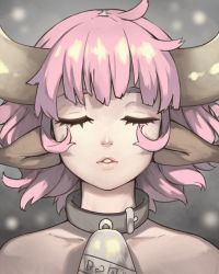 Rule 34 | 1girl, animal ears, bell, collar, commentary, cow ears, cow girl, cow horns, cowbell, english commentary, closed eyes, facing viewer, highres, horns, medium hair, metal collar, neck bell, original, parted lips, pink hair, portrait, solo, upper body, vins-mousseux