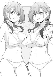 Rule 34 | 2girls, :d, asymmetrical docking, bikini, blush, breast press, breasts, closed mouth, commentary request, dated, grey background, greyscale, highres, kichihachi, large breasts, long hair, looking at viewer, low twintails, mole, mole under eye, monochrome, multiple girls, navel, open mouth, original, simple background, smile, swimsuit, twintails, twitter username, two-tone background, white background