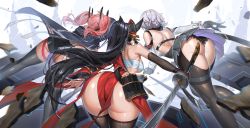 Rule 34 | 3girls, absurdres, animal ears, arm up, armor, ass, ass focus, azur lane, back, backless outfit, bare shoulders, black hair, black panties, black shorts, black thighhighs, blue jacket, breasts, bremerton (azur lane), check commentary, chinese commentary, clothing cutout, commentary request, cowboy shot, crotchless, crotchless pantyhose, elbow gloves, fox ears, fox girl, from behind, gloves, grey hair, grey skirt, grey thighhighs, hadanugi dousa, highres, holding, holding sword, holding weapon, jacket, japanese armor, japanese clothes, katana, kii (azur lane), kimono, kusazuri, large breasts, leaning forward, long hair, long sleeves, metal gloves, multicolored hair, multiple girls, open clothes, open jacket, open kimono, panties, pantyhose, pantyshot, pink hair, pleated skirt, ponytail, qingtiana, red kimono, reno (azur lane), rubble, sarashi, shirt, short hair, short shorts, shorts, shoulder cutout, sidelocks, single bare shoulder, single elbow glove, skindentation, skirt, streaked hair, sword, thigh strap, thighhighs, twintails, two-tone hair, two-tone legwear, underwear, very long hair, weapon, white background