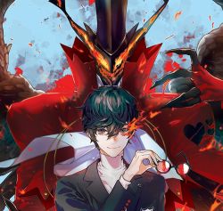 Rule 34 | 10s, 1boy, amamiya ren, arsene (persona 5), black hair, chain, glasses, gloves, hat, looking at viewer, male focus, mask, persona, persona 5, school uniform, short hair, smile, solo, top hat, wings, yooani