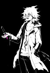 Rule 34 | 1boy, :d, blood, cowboy shot, danganronpa (series), danganronpa 2: goodbye despair, greyscale, hair between eyes, hand in pocket, hood, hood down, hooded jacket, jacket, kaminezu, knife, knife in hand, komaeda nagito, messy hair, monochrome, open clothes, open jacket, open mouth, pants, pink blood, print shirt, shirt, smile, solo, spot color, stab, teeth, upper teeth only