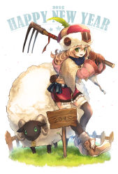 Rule 34 | 10s, 1girl, 2015, bag, bell, blonde hair, boots, fence, full body, grass, green eyes, happy new year, hat, highres, kinshi, long hair, nengajou, new year, open mouth, original, pitchfork, sheep, skirt, smile, solo, thighhighs, white background, wooden fence, worktool