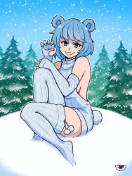 Rule 34 | 1girl, akairiot, bare back, bare shoulders, blue eyes, blue hair, blue nails, blue sky, breasts, day, elbow gloves, fang, fingerless gloves, fingernails, frostbite-chan (akairiot), frostbite (tournament), full body, gloves, grey sweater, grey thighhighs, highres, looking at viewer, meme attire, nail polish, naked sweater, parted lips, pine tree, pom pom (clothes), sharp fingernails, short hair, sideboob, sitting, sky, smile, snowing, solo, sweater, swept bangs, thighhighs, tree, virgin killer sweater