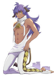 Rule 34 | 1boy, abs, absurdres, bare arms, bell, closed mouth, clothes lift, clothing cutout, commentary request, creatures (company), dark-skinned male, dark skin, facial hair, frown, full body, game freak, highres, horns, kneeling, leggings, leon (pokemon), lifted by self, long hair, male focus, navel, nintendo, pectorals, pokemon, pokemon swsh, purple hair, solo, stirrup legwear, stomach cutout, sweater vest, toeless legwear, white background, white sweater vest, yellow eyes, yunoru