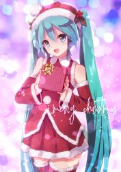 Rule 34 | adapted costume, aqua eyes, aqua hair, bare shoulders, blurry, blurry background, box, christmas, commentary, cowboy shot, detached sleeves, fur-trimmed headwear, fur-trimmed legwear, fur-trimmed shirt, fur-trimmed skirt, fur-trimmed sleeves, fur trim, gift, gift box, hair ornament, hat, hatsune miku, highres, holding, holding box, holding gift, holly hair ornament, long hair, looking at viewer, merry christmas, open mouth, red hat, red shirt, red skirt, red sleeves, red thighhighs, santa costume, santa hat, shirt, skirt, smile, solo, sparkle, takepon1123, thighhighs, twintails, very long hair, vocaloid, zettai ryouiki