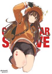 Rule 34 | 1girl, bag, brown hair, dolphin, fingerless gloves, gloves, guilty gear, guilty gear strive, hat, heart, highres, holding, hood, hoodie, long hair, may (guilty gear), orange eyes, orange hat, orange hoodie, orange shirt, pirate hat, shirt, showhey!!, skull and crossbones, solo