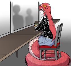 Rule 34 | 1girl, absurdres, chair, closed mouth, commission, commissioner upload, cup, denim, denim skirt, disposable cup, hair ornament, highres, jacket, lamia, leather, leather jacket, long hair, miia (monster musume), monster girl, monster musume no iru nichijou, multiple others, pointy ears, red hair, scales, scribblesquab, simple background, sitting, skirt, window, yellow eyes