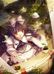 Rule 34 | 1girl, bad id, bad pixiv id, bow, brown hair, female focus, fisheye, hair bow, light rays, open mouth, outstretched hand, plant, smile, solo, star sapphire, sunbeam, sunlight, touhou, windowsill, yayin (yayin233), yellow eyes