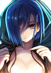 Rule 34 | 10s, 1girl, blue hair, breasts, closed mouth, collarbone, darling in the franxx, expressionless, green eyes, hair ornament, hair over one eye, hairclip, highres, hood, hood up, ichigo (darling in the franxx), looking at viewer, medium breasts, shading eyes, short hair, solo, tears, teruru, upper body, white background