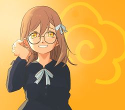 Rule 34 | 1girl, artist name, artist request, blue bow, blue dress, blush, bow, breasts, brown eyes, brown hair, buttons, dress, female focus, flower print, frilled sleeves, frills, glasses, hair between eyes, hair bow, highres, kunikida hanamaru, light brown hair, long hair, long sleeves, looking at viewer, love live!, love live! school idol festival, love live! sunshine!!, mitaiken horizon, mitaiken horizon (love live!), orange background, parted lips, plaid, plaid dress, pleated, pleated dress, ribbon, small breasts, smile, solo, striped bow, striped ribbon, teeth, upper body, white bow, white ribbon, yellow eyes