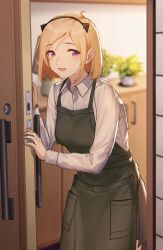 Rule 34 | 1girl, 3 small spiders, :d, absurdres, animal ears, apron, blonde hair, blush, breasts, cat ears, collarbone, commission, cowboy shot, door, doorway, fake animal ears, girls&#039; frontline, green apron, hairband, hands up, highres, indoors, long sleeves, looking at viewer, m3 (girls&#039; frontline), medium breasts, medium hair, open mouth, opening door, plant, potted plant, pov doorway, purple eyes, shirt, skeb commission, smile, solo, white shirt