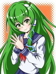 Rule 34 | 1girl, alternate costume, black sailor collar, closed mouth, commentary request, frog hair ornament, green eyes, green hair, hair ornament, hair tubes, highres, kochiya sanae, long sleeves, looking at viewer, neckerchief, orange background, own hands together, red neckerchief, sailor collar, shirt, smile, snake hair ornament, solo, touhou, upper body, white shirt, zheng3008451858