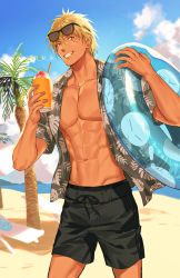 Rule 34 | 1boy, abs, artist name, beach, blonde hair, character request, cloud, cloudy sky, collared shirt, drink, drinking straw, feet out of frame, glasses, grass, highres, ice, lifebuoy, male focus, muscular, muscular male, navel, okii (oh ki ik), open clothes, open shirt, original, outdoors, palm tree, pectorals, sand, shirt, short hair, shorts, signature, sky, smirk, solo, spiked hair, swim ring, tan, teeth, tree, yellow eyes