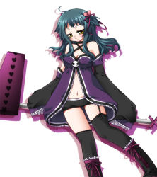 Rule 34 | 1girl, black thighhighs, boots, garter straps, green hair, hammer, holding, holding weapon, knee boots, looking at viewer, midriff, navel, original, revealing clothes, shoelaces, short hair, short shorts, shorts, simple background, solo, stomach, thighhighs, wavy hair, weapon, white background, yellow eyes, zettai ryouiki