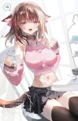 1girl absurdres animal_ears bare_shoulders black_gloves black_skirt breasts bright_pupils brown_hair brown_thighhighs cat_ears cat_tail crop_top cup detached_sleeves facial_mark fangs final_fantasy final_fantasy_xiv fingerless_gloves gloves highres holding holding_cup long_sleeves looking_at_viewer medium_breasts medium_hair midriff miniskirt miqo&#039;te multicolored_hair navel open_mouth original pink_eyes pink_shirt pleated_skirt puffy_long_sleeves puffy_sleeves shikina_(mochigushi_) shirt skirt sleeveless sleeveless_shirt smile solo spoken_squiggle squiggle stomach streaked_hair tail teacup tears thighhighs thighs tongue tongue_out warrior_of_light_(ff14) watermark zettai_ryouiki