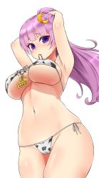Rule 34 | 1girl, animal print, arms up, bikini, blunt bangs, breasts, cameltoe, chiroshiron, cow print, crescent, crescent hair ornament, front-tie bikini top, front-tie top, hair ornament, highres, large breasts, long hair, looking at viewer, mouth hold, patchouli knowledge, ponytail, purple eyes, purple hair, side-tie bikini bottom, simple background, solo, standing, stomach, string bikini, swimsuit, touhou, transparent background, underboob, white background, white bikini