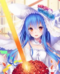 Rule 34 | 1girl, alternate costume, bare shoulders, blue flower, blue hair, blue rose, bouquet, chabaneko, detached collar, dress, elbow gloves, flower, gloves, hair between eyes, hat, hat flower, highres, hinanawi tenshi, long hair, looking at viewer, red eyes, red flower, red rose, rose, smile, solo, sword of hisou, touhou, very long hair, wedding dress, white dress, white gloves, white hat