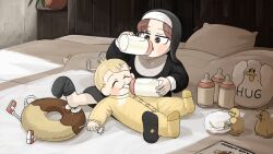 Rule 34 | 2girls, aged down, baby bottle, bird, black socks, blonde hair, body writing, bottle, brown eyes, brown hair, catholic, chicken, closed eyes, clumsy nun (diva), commentary, diaper, diva (hyxpk), doughnut pillow, drinking, duck, duckling, english commentary, habit, highres, hungry nun (diva), little nuns (diva), milk, multiple girls, nun, on bed, plant, potted plant, smile, socks, traditional nun
