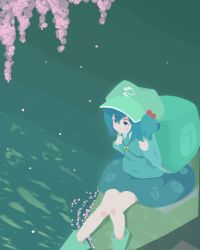 Rule 34 | 1girl, absurdres, backpack, bag, blouse, blue hair, boots, flower, green hat, green shirt, hair between eyes, hair bobbles, hair ornament, hat, highres, kawashiro nitori, knees together feet apart, looking up, no lineart, reflection, rock, rubber boots, shirt, short hair, sitting, sitting on rock, solo, tochinoko, touhou, two side up, water, wisteria