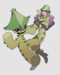 Rule 34 | 1boy, cacturne, clothing cutout, commentary request, creatures (company), crop top, game freak, gen 3 pokemon, green headwear, grey background, hand on own hip, hand up, harley (pokemon), hat, kusuribe, long hair, long sleeves, navel, navel cutout, nintendo, open mouth, outline, pants, pokemon, pokemon (anime), pokemon (creature), pokemon rse (anime), purple hair, signature, tongue