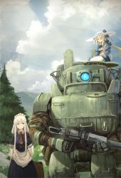 Rule 34 | 2girls, belt, blonde hair, blue dress, blue jacket, blue sky, cloud, commentary, dress, gun, hat, holding, holding stuffed toy, jacket, long hair, looking at another, luggage, maid, maid headdress, mecha, multiple girls, necktie, original, outdoors, puffy short sleeves, puffy sleeves, red neckwear, robot, short sleeves, sky, stuffed animal, stuffed rabbit, stuffed toy, sun hat, suzuke, tree, walking, weapon, white dress