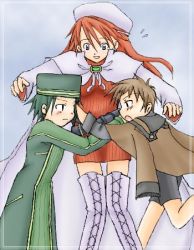 Rule 34 | 1girl, 2boys, aty, aty (summon night), boots, brown hair, child, coat, cross-laced footwear, dress, green hair, hat, hug, long hair, lowres, multiple boys, nup, nup martini, oekaki, open mouth, poorly drawn, red hair, short dress, smile, summon night, summon night 3, sweatdrop, thigh boots, thigh gap, thighhighs, thighs, trench coat, white footwear, white thighhighs, will, will (summon night), will martini, zettai ryouiki