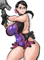 Rule 34 | 1girl, 66head, apron, bad id, bad pixiv id, black eyes, black hair, breasts, cattleya (queen&#039;s blade), cattleya (queen's blade), curvy, fighting stance, flower, glasses, gloves, hair ornament, holding, housewife, huge breasts, legs, long hair, mature female, muscular, ponytail, queen&#039;s blade, short hair, sideboob, simple background, solo, sword, thick arms, thighs, weapon, weapon merchant cattleya, white background