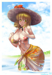 Rule 34 | 1girl, aki minoriko, bikini, blonde hair, blush, breasts, cleavage, front-tie top, hat, highres, large breasts, long hair, navel, open mouth, partially submerged, sarong, short hair, smile, solo, swimsuit, touhou, umigarasu (kitsune1963), wading, water