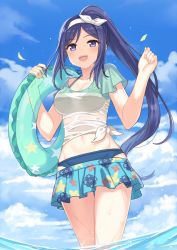 Rule 34 | 1girl, :d, arm up, bikini, bikini under clothes, blue bikini, blue eyes, blue hair, blue shirt, blue skirt, blue sky, bow, breasts, cloud, cloudy sky, collarbone, day, floatie, floral print, groin, hair bow, hajime kaname, high ponytail, highres, innertube, long hair, looking at viewer, love live!, love live! school idol festival, love live! sunshine!!, lowleg, lowleg skirt, matsuura kanan, medium breasts, multicolored shirt, navel, ocean, open mouth, partially submerged, ponytail, see-through, shirt, short sleeves, sidelocks, skirt, sky, smile, solo, star (symbol), star print, swim ring, swimsuit, thighs, tied shirt, wading, water, white shirt