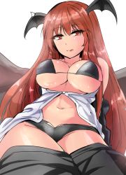 Rule 34 | 1girl, :q, arms behind back, bat wings, black bra, black panties, black skirt, bra, breasts, clothes pull, commentary request, head wings, highres, koakuma, large breasts, licking lips, long hair, looking at viewer, navel, open clothes, open shirt, panties, red eyes, red hair, shirt, simple background, skirt, skirt pull, solo, tongue, tongue out, touhou, underwear, white background, white shirt, wings, y2
