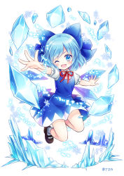 Rule 34 | 1girl, bare legs, blue eyes, blue hair, bow, cannan, cirno, hair bow, ice, ice crystal, ice wings, mary janes, midair, multicolored clothes, multicolored skirt, one eye closed, open mouth, shoes, skirt, smile, socks, solo, touhou, wings