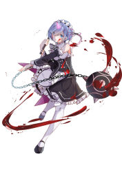 Rule 34 | 10s, 1girl, apron, bikini, black dress, black footwear, blood, blood on face, blood splatter, blue eyes, blue hair, blunt bangs, chain, detached sleeves, dress, foreshortening, frilled bikini, frilled dress, frills, full body, glowing, hair ornament, hair ribbon, hairband, hairclip, hnanati, holding, holding weapon, horns, long sleeves, looking at viewer, mace, maid, mary janes, matching hair/eyes, outstretched arm, pantyhose, parted lips, purple ribbon, re:zero kara hajimeru isekai seikatsu, rem (re:zero), ribbon, running, shoes, short hair, simple background, single horn, solo, spiked mace, spikes, spoilers, swimsuit, waist apron, weapon, white apron, white background, white pantyhose, wide sleeves, x hair ornament