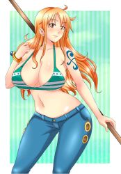 Rule 34 | 1girl, azdraw, bare arms, bare shoulders, belt, bikini, bikini top only, bracelet, breasts, brown eyes, cleavage, denim, earrings, full body, hand up, holding, holding staff, jeans, jewelry, large breasts, long hair, midriff, nami (one piece), navel, one piece, open mouth, orange hair, pants, polearm, shoulder tattoo, sidelocks, smile, solo, staff, standing, stomach, swimsuit, tagme, tattoo, underboob, weapon