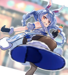 Rule 34 | 1girl, animal ear fluff, animal ears, bare shoulders, black gloves, black pantyhose, blue hair, braid, breasts, bridal garter, carrot, carrot hair ornament, clenched teeth, coat, coat dress, commentary request, detached sleeves, don-chan (usada pekora), dress, food-themed hair ornament, fur-trimmed coat, fur-trimmed gloves, fur scarf, fur trim, gloves, hair ornament, high heels, hololive, incoming attack, kicking, long hair, looking at viewer, multicolored hair, pantyhose, rabbit-shaped pupils, rabbit ears, rabbit girl, sakino shingetsu, scarf, short eyebrows, solo, strapless, strapless coat, strapless dress, symbol-shaped pupils, teeth, thick eyebrows, twin braids, twintails, two-tone hair, usada pekora, usada pekora (1st costume), virtual youtuber, white footwear, white hair, white scarf, yellow eyes