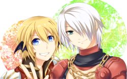 Rule 34 | 2boys, armor, black jacket, blonde hair, blue eyes, chain, closed mouth, coat, commentary request, green eyes, grin, hair between eyes, hair over one eye, high priest (ragnarok online), jacket, layered clothes, long sleeves, looking at viewer, male focus, mechanic (ragnarok online), multicolored coat, multiple boys, oruserug, ragnarok online, red armor, red coat, short hair, shrug (clothing), smile, two-tone coat, upper body, white coat, white hair
