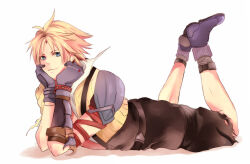 Rule 34 | 1boy, arm armor, arm strap, armor, asymmetrical arms, black overalls, black pants, blonde hair, blue eyes, bracelet, collared shirt, commentary request, dissidia final fantasy, elbow rest, feet up, final fantasy, final fantasy x, full body, gloves, grey gloves, hands on own cheeks, hands on own face, high collar, jacket, jewelry, lying, male focus, minatoya mozuku, on ground, on stomach, open clothes, open shirt, overalls, pants, pauldrons, shadow, shirt, shoes, short hair, shoulder armor, simple background, single pauldron, smile, socks, solo, tidus, white background, white shirt, yellow jacket